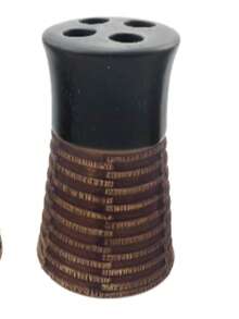 Conjunto de acessórios para banheiro, incluindo frasco de loção de cerâmica, porta-escova de dentes, copo, saboneteira e organizador de banheiro. - Camelo - Ver 3