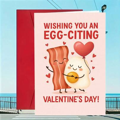 1pc Cute Bacon & Egg Valentine's Day Greeting Card (With Envelope) - Funny Breakfast Couple Design, Romantic Gift For Bacon Lovers, Creative Couple Card To Express Love And Humor