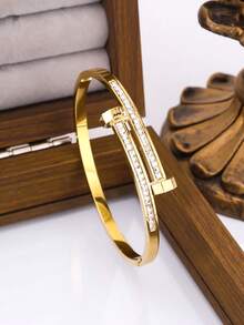 新款时尚高品质不锈钢花朵锆石女士手镯首饰套装，适合日常佩戴 - 金黃色5 - 查看 4