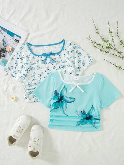 2pcs/Set Girls Casual Floral Print Decor Bow Tie Crew Neck Short Sleeve T-Shirt, Summer