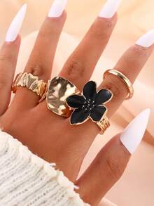 Set de 4 anillos con flores exageradas de goteo de aceite y rhinestones, anillos abiertos de lava líquida de lujo con flores, diseño versátil - negro - Ver 1
