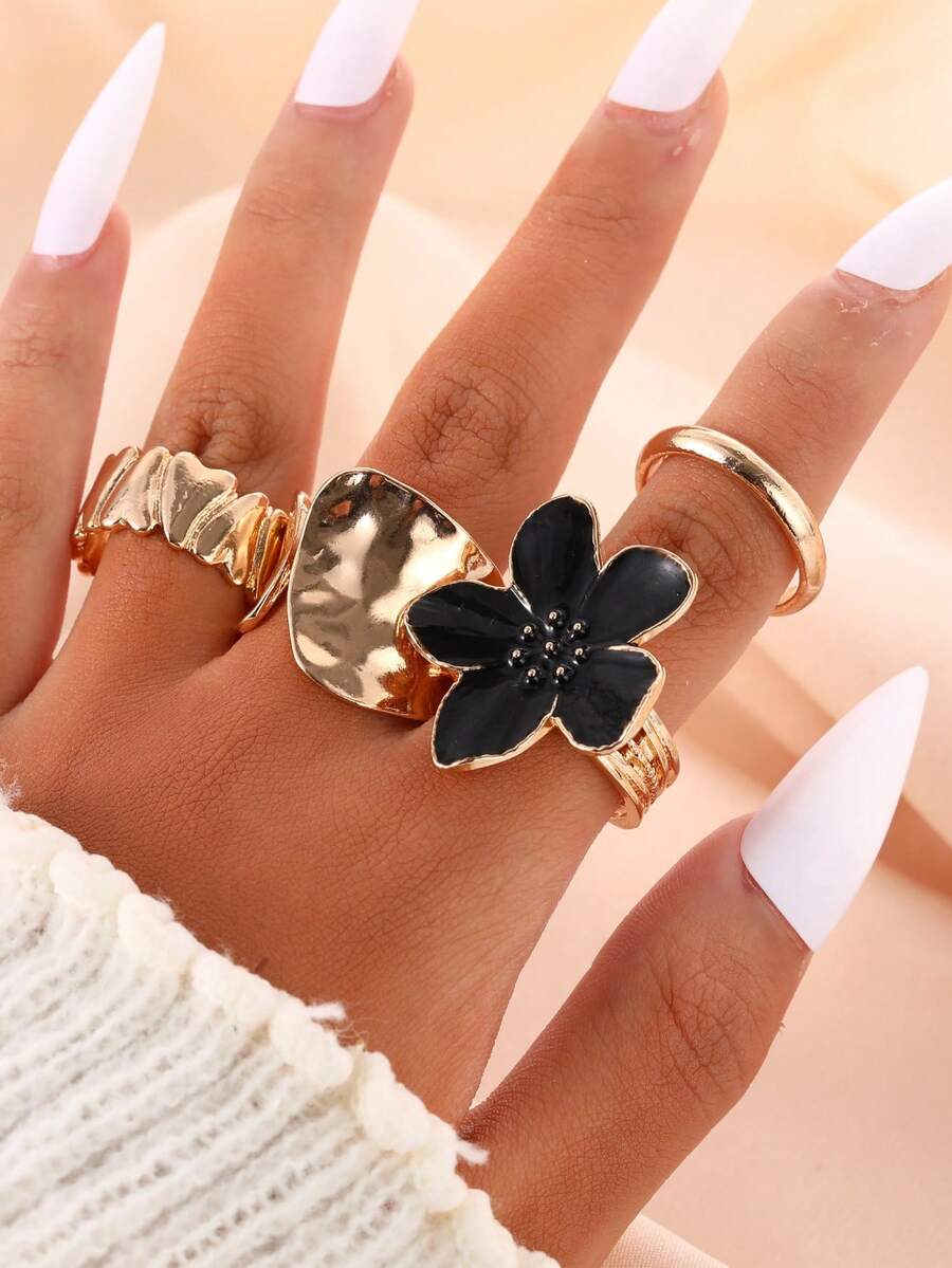 Set de 4 anillos con flores exageradas de goteo de aceite y rhinestones, anillos abiertos de lava líquida de lujo con flores, diseño versátil - negro - Ver 1