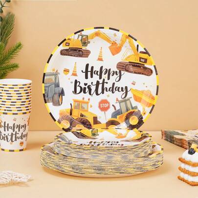 7/9 Inch Excavator Happy Birthday Disposable Party Plates, Includes Disposable Paper Plates, Cups, Napkins, Suitable For Wedding, Engagement, Birthday Party Tableware
