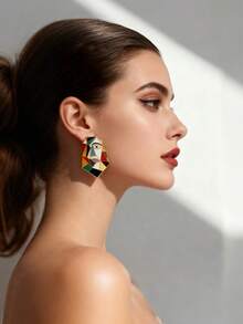 1 Pair Artistic Geometric Abstract Face Contrast Color Earrings, Retro Enamel Earrings For Women - Multicolor - View 2