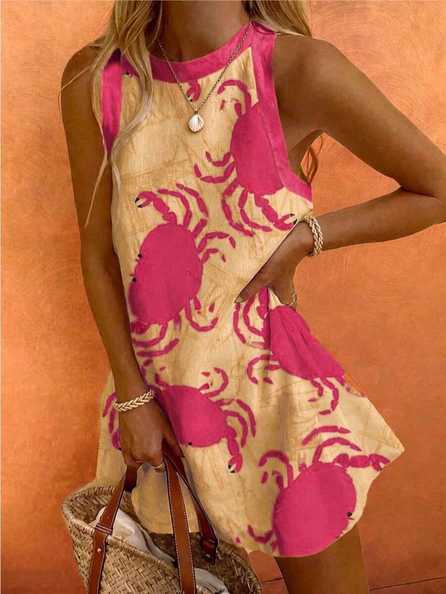 Sea Starshine 2025 Women's Spring And Autumn Fashionable Elegant Sexy Sleeveless Yellow Random Crab Pattern Dress - Pink - View 1