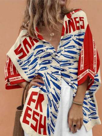 2025 Nueva blusa de mujer para playa, primavera/verano, de moda informal y suelta para resort, con bloques de color, letras y estampado de vida marina tipo sardina de manga 3/4, adecuada para brunch y ocasiones similares