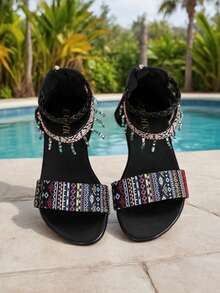 1 Pair Girls' Retro Roman Sandals, Bohemian Style, Quality PU Customized Handmade Beaded Zipper Design Flat Protective Foot Suitable For 3-15 Years Old Girls, Elementary Students, Summer Outing, Party, Versatile - Black - View 5