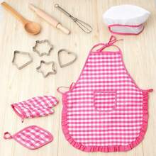 Set Perlengkapan Memasak Motif Kotak-kotak untuk Anak, Set Kostum Koki Ukuran Anak, Celemek, Sarung Tangan, dan Topi dari Serat Asetat, Mainan Peran Koki Kartun untuk Anak Laki-laki dan Perempuan, Pakaian Memasak, Mainan DIY Dapur untuk Pesta Ulang Tahun - MultiWarna - View 5