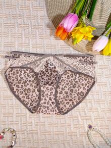 1条女士性感蕾丝豹纹镂空低腰内裤，轻盈舒适 - 咖啡棕 - 查看 1