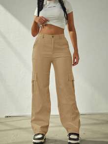 Y2K街头风女式工装裤，松紧腰带，实用口袋，休闲运动裤 - 卡其色 - 查看 3