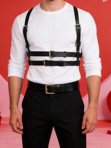 1pc Punk Gothic Geometric Pattern PU Leather Men Suspenders, Holiday Costume Gift - Black - View 7