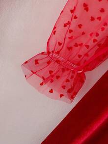 少女优雅法式丝绒网纱拼接蝴蝶结爱心正式连衣裙，修身剪裁，适合春秋季、生日派对、演出等场合。 - 紅色 - 查看 5