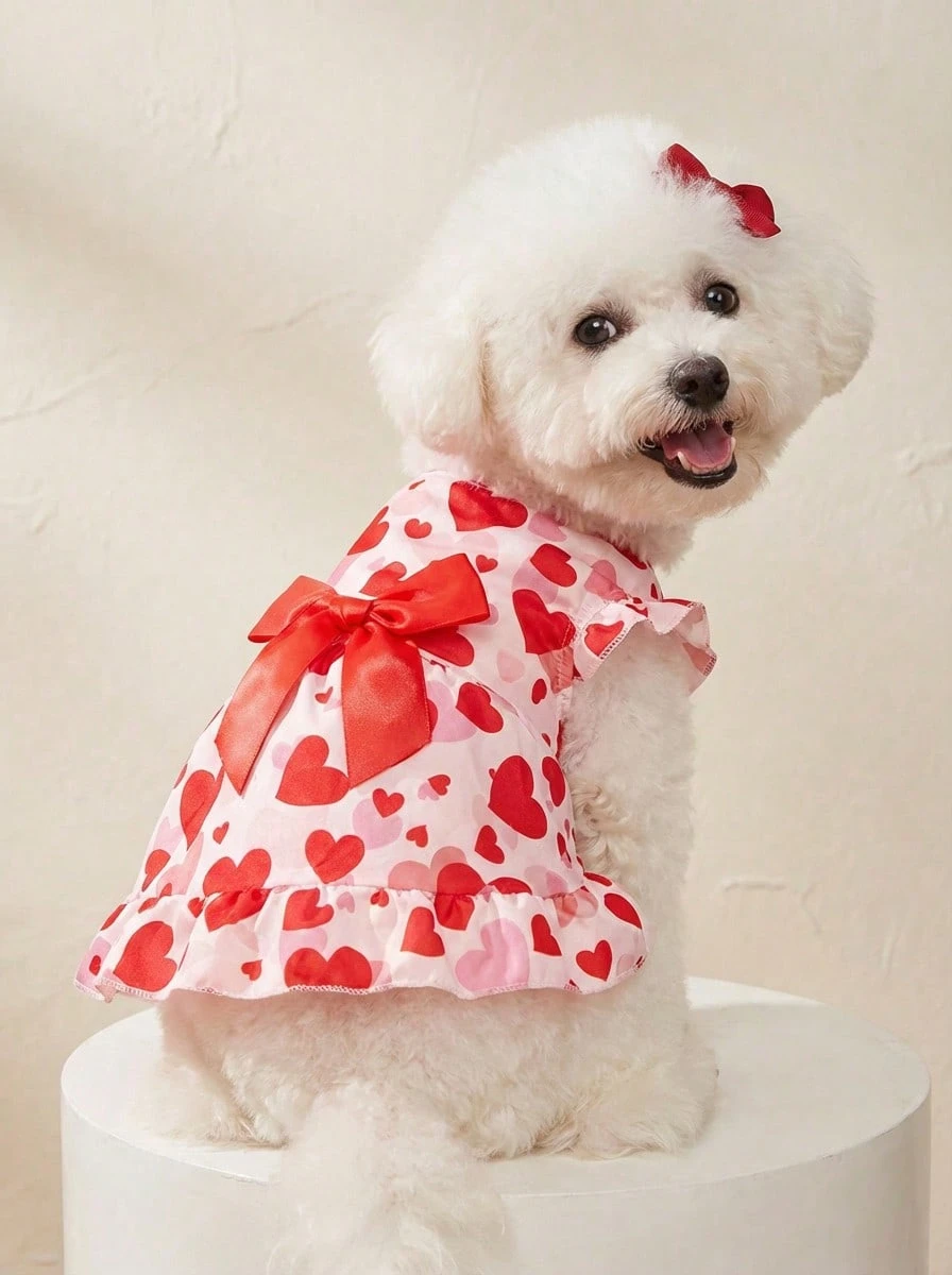 PETSIN 情人節1件粉色愛心和紅色蝴蝶結設計的可愛寵物短袖印花連衣裙（適用於貓狗） - 彩色 - 查看 1