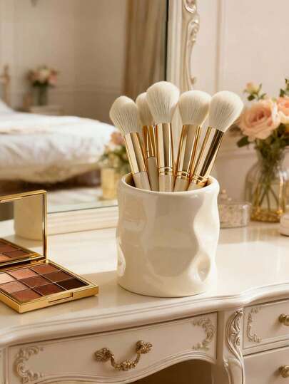 1pc Asymmetric Resin Makeup Brush Holder, Uneven Surface Embossed, Multifunctional Desktop Decor, Mini Vase And Storage Box, Suitable For Living Room, Bedroom And Office (White And Purple)