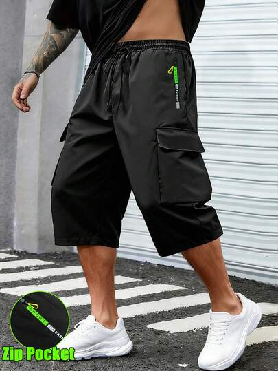 男士轻便七分工装裤，夏季款，抽绳松紧腰带，拉链口袋，大贴袋，舒适透气，适合户外及日常休闲穿着，黑色