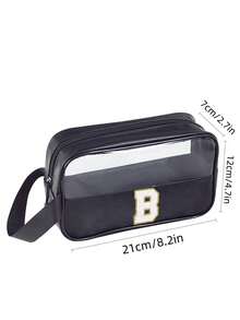 Nécessaire transparente de PVC para maquiagem, com letras, à prova d'água, portátil, em chenille, com zíper, organizador de maquiagem minimalista com inicial, ideal para viagens e uso no banheiro. Ótima opção de presente para mães e mães. Perfeita para a praia, toalhas e outras atividades de praia. Ideal para férias de inverno e outono, perfeita para o Dia dos Namorados. - Preto - Pequeno - Ver 5