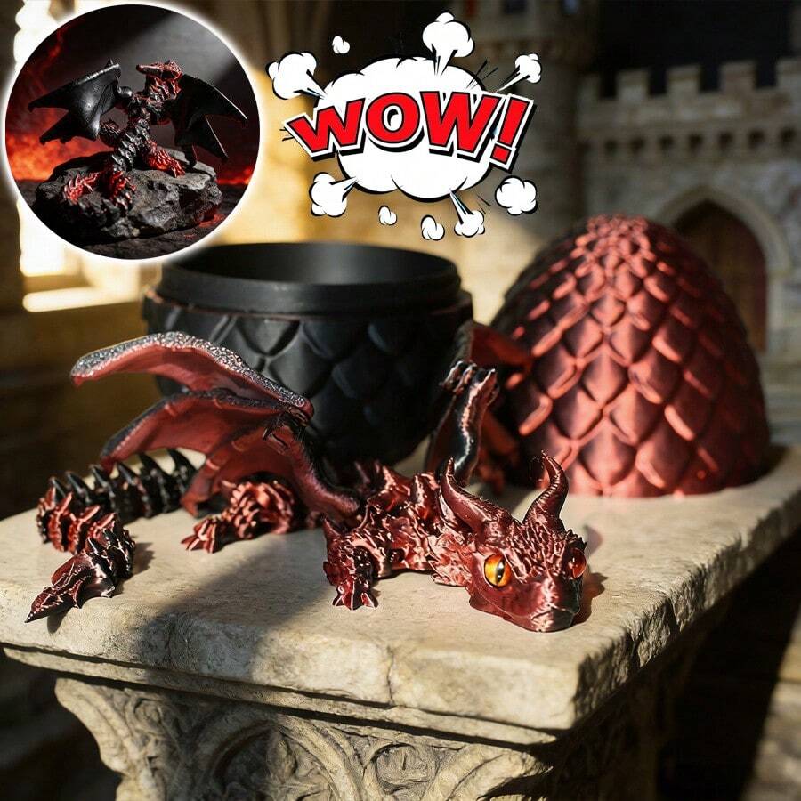 3D打印龙形翼龙蛋，男孩礼物，酷炫3D打印可动龙，适合青少年男孩，动物减压玩具恐龙蛋