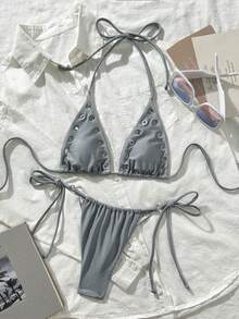 Bộ bikini tam giác gợi cảm thời trang xuân/hè mới dành cho nữ, gồm 2 mảnh, có đệm mút tháo rời, chi tiết khoét lỗ bằng kim loại, vải bóng, dây buộc cổ, thích hợp cho kỳ nghỉ hè đi biển. - Màu Xám nhạt - Xem 2