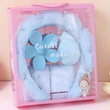 5件套柔和粉蓝色花朵发饰及腕饰套装 - 无缝发夹、发带、腕带 - 易于清洁、可水洗、亲肤，浅米色，适合生日派对、日常佩戴，理想的礼盒包装