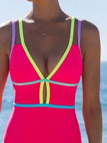 popvil Áo tắm liền thân màu hồng neon kẻ sọc dành cho nữ, dây chéo sau lưng, thích hợp cho kỳ nghỉ hè, đi biển. - Màu Hồng Tươi - Xem 4