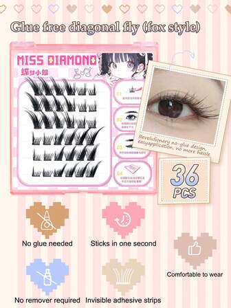 36片狐狸形假睫毛 - 9-16毫米，纤维材质，舒适柔软，卷翘持久，无需胶水，适合派对、斋月、新年及初学者练习。