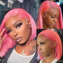 Pink Bob Wig Human Hair Brazilian Straight 13X4 HD Transparent Pink Red Bob Lace Front Wigs Human Hair Glueless Wigs Pre Plucked With Natural Hairline 180 Density Short Bob Frontal Wigs For Women - Pink - 查看 6