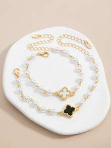 2pcs Fashionable Classic Black & White Clover Design Bracelet Set - One Size Fits All - Faux Pearl Black and White Bracelet - View 4