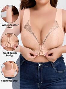 Sujetador inalámbrico con cierre delantero de encaje para mujer de talla grande, sexy encaje con espalda de tirantes, sin costuras y sin aros - Albaricoque - Ver 1