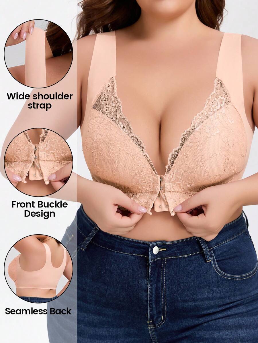 Sujetador inalámbrico con cierre delantero de encaje para mujer de talla grande, sexy encaje con espalda de tirantes, sin costuras y sin aros - Albaricoque - Ver 1