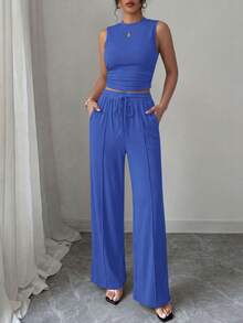 Women Summer 2 Piece Outfit Sleeveless Crop Top Elastic High Waist Wide Leg Pants Ribbed Knit Suit Matching Set For Casual Going Out Holiday Vacation Beach Outfits - 藍色 - 查看 3