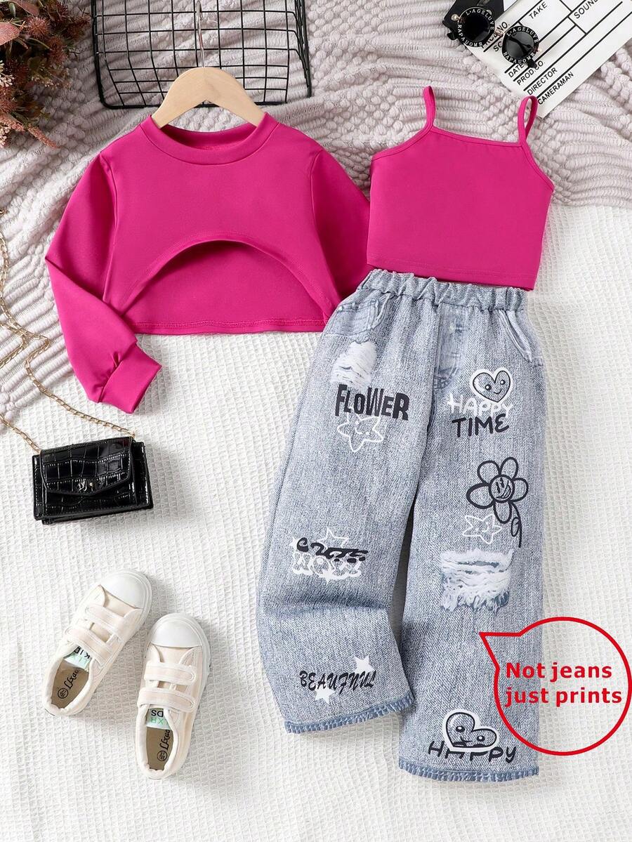 3件套女童休闲长袖轻薄套头衫、无袖背心和牛仔效果长裤套装，春秋季