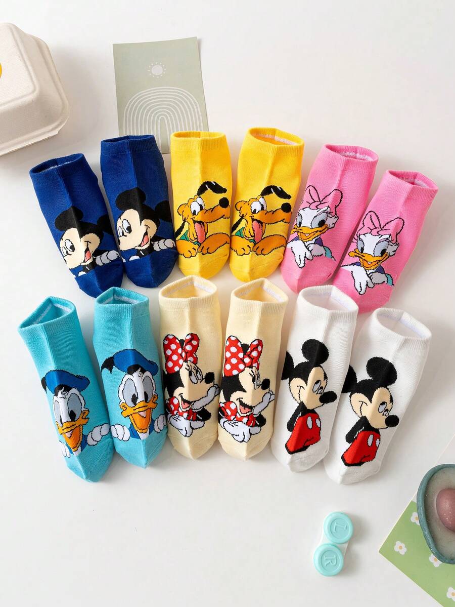 Disney 迪士尼袜子 1/3/6/12 双装，可爱卡通米奇/唐老鸭图案装饰，时尚个性，柔软亲肤透气吸汗运动袜，休闲百搭成人袜，适合日常穿着、节日礼物、户外旅行、运动。颜色随机发货 - 彩色 - 查看 1