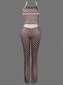 Women's Fashion Sexy Polki Dot Printed Suspender Top Waist-Length Hip-Lifting Trousers Sports Suit Two-Piece Set - 淺棕色 - 查看 5