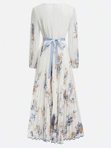 Elegant And Stylish Floral Pattern Printed Pleated Skirt, Women's Lantern Sleeve Crossover-Neck Dress - 白色 - 查看 3