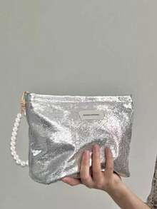 Portable, Stylish, Shiny Large Capacity Makeup Bag With Pearl Pendant, Travel Makeup Storage Bag, Toiletry Bag Organizing Bag, Suitable For Toiletries, Cosmetics, Makeup Brushes, Accessories, Travel, Home Storage, Travel Essentials, Dormitory Supplies