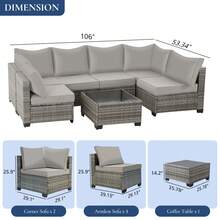 7 Pieces Outdoor Patio Furniture Set, Modular Wicker Sectional Sofa With Glass Coffee Table & Cushions, All-Weather Rattan Conversation Set For Backyard Garden-Grey Rattan Grey Cushions - 灰灰色 - 查看 3