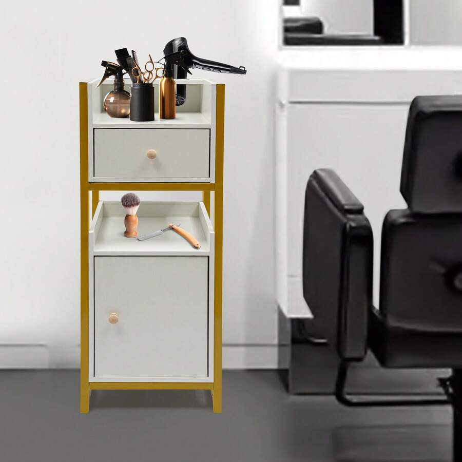 FOGGBET Barber Salon Rolling Trolley Cart, Multifunctional Beauty Salon Storage Rack, Large Capacity Storage Cosmetic Organizer, Barber Station With Drawers And Hair Dryer Racks - White, Gold - View 1