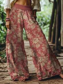 2026 Spring Summer New Arrival Bohemian Women's Pants - Burgundy Light Gold Floral Print High Waist Wide Leg Woven Pants - 粉色 - 查看 3