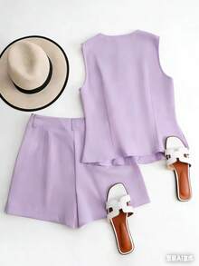 Franclia 2-Piece Set With Sleeveless Cardigan, Comfortable For Vacation, University Clothes, And More. (Image Description: "Marrante" Fabric) - 紫丁香色 - 查看 4
