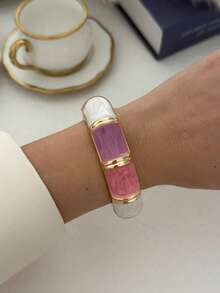 Enamel Patchwork Metal Bracelet, Luxury Purple & Pink Contrast Multi-Layer Open Cuff Bracelet For Women - Purple Powder - View 9