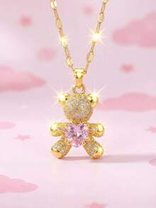 1 Stück Mädchen süße vergoldete Bär Anhänger Halskette mit rosa herzförmigem Diamant, geeignet für Kinder Mode, zarte Party Festival Schmuck Geschenk für tägliches Tragen Goldschmuck - Goldgelb - Übersicht 6