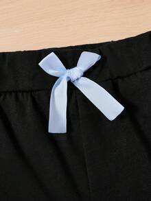 Young Girl Cartoon Print Ruffle T-Shirt And Bow Front Shorts Set - Pink - View 5