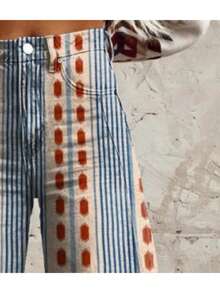 Imitation Faux Denim Are A Printing Design Combining Stripes And Brown Patterns. Blue And White Stripes Are Matched With Brown Dots Block Patterns. The Style Is Simple And Versatile, With A Retro American Style, Faux Denim For Women Extra Long - 黑色 - 查看 6