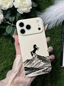 1pc Matte Beige TPU Shockproof Painted Mountain & Horse Pattern Phone Case Compatible With IPhone 15 Pro Max/16 Pro Max/17 Pro Max