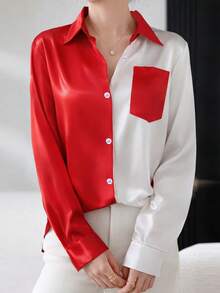 New Arrival Women's Fashion Colorblock Satin Button-Up Shirt With Pockets - Red - View 1