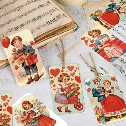 50 chiếc thẻ quà tặng phong cách cổ điển dành cho Ngày Valentine và Kỷ niệm, kèm dây gai dầu - Hình minh họa lãng mạn, dùng để treo quà tặng, gói quà, trang trí túi kẹo và quà lưu niệm tiệc tùng.