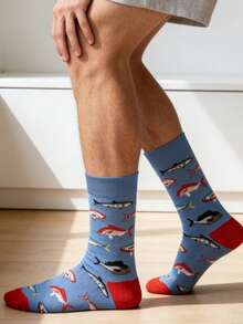 1 Pair Men's Ocean Fish Pattern Boat Socks, Creative & Fun Casual Socks, Ideal Gift For Husband Or Boyfriend On Anniversary, Birthday Or Valentine's Day, Novelty Socks, Personalized Sock Gift