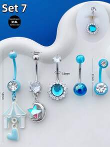 Morlyda 5pcs/Set Cute Sweet Light Blue Navel Rings, Stainless Steel Butterfly Heart Flower Turquoise Cross Acrylic Star Pendant Navel Piercing Jewelry, Gift For Women Girls, Daily, Party, Beach - Baby Blue - View 5