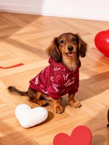 LUCKIE LABO 1pc Valentine's Day Fashion Heart & Love Letter Print Hoodie Sweatshirt, Suitable For Chihuahua, Small Dogs, Cats, Indoor & Outdoor Warm Wear, Autumn/Winter - Red - View 3