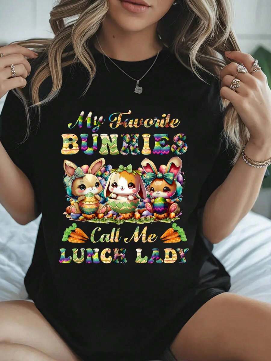 100% Algodón Camiseta de Almuerzo de Pascua Dama Mis Conejitos Favoritos Llámame Dama del Almuerzo Camiseta de Algodón para Verano, Top de Manga Corta Suave para Mujeres, Camiseta Estilosa y Cómoda para Mujeres Camisetas Gráficas - Negro - Ver 1